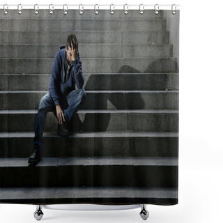 Personality  Young Man Lost In Depression Sitting On Ground Street Concrete Stairs Shower Curtains