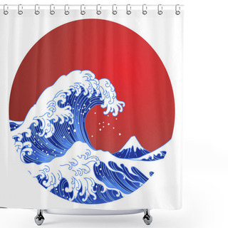 Personality  Japan Oriental Great Wave In Sun Shape Vector.Big Asian Ocean Wave, Red Sun And The Mountain Illustration. Ocean Of Kanagawa.Isolated On Red Sun Background.  Shower Curtains