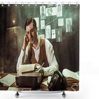 Personality  Pensive Detective In White Shirt Sitting At Table With Typewriter In Dark Office Shower Curtains