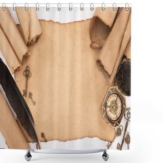 Personality  Top View Of Retro Keys, Feather And Compass On Aged Paper Isolated On White Shower Curtains