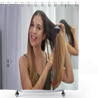 Personality  Portrait Of Young Woman Using Round Brush Hair Dryer To Style Hair In An Easy Way At Home. Girl With Electric Blowout Brush Hair Dryer. Hot Air Hair Brush Concept. Shower Curtains