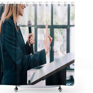 Personality  Cropped Image Of Lecturer Showing Okay Gesture At Podium Tribune During Seminar In Conference Hall Shower Curtains