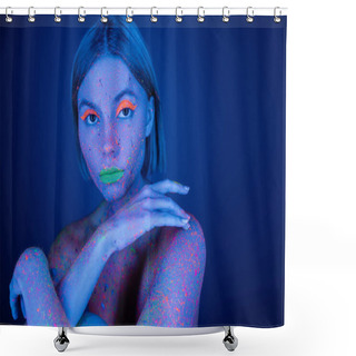 Personality  Nude Woman In Vibrant Body Paint And Neon Makeup Looking At Camera Isolated On Dark Blue Shower Curtains