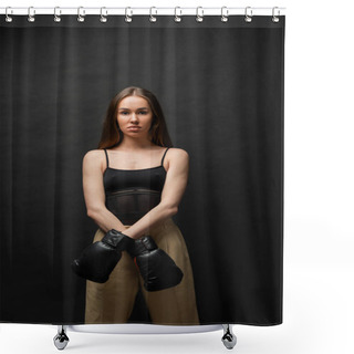 Personality  Brunette Woman In Top And Beige Pants Posing In Boxing Gloves On Black Background  Shower Curtains