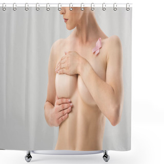 Personality  Partial View Of Topless Young Woman With Pink Ribbon Covering Breast Isolated On Grey Shower Curtains