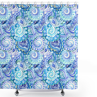 Personality  Ornate Blue Watercolor Background With Indian Ornamental Design Shower Curtains