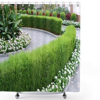 Personality  Beautiful Design Of The Yard. Blooming Flower Beds And Hedges. Flowers And Ornamental Shrubs In The Yard. Shower Curtains
