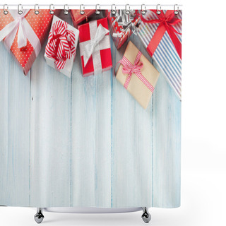 Personality  Christmas Gift Boxes On Wooden Table Shower Curtains