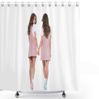 Personality  Back View Of Young Twins Holding Hands Isolated On White Shower Curtains