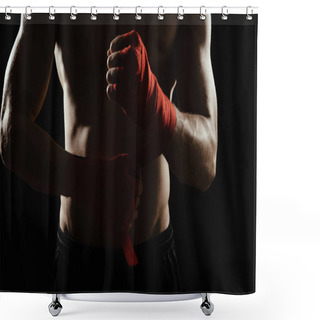 Personality  Close-up Of The Hands Of A Young Boxer Who Winds Red Bandages Before A Match, Fight Or Training. Shower Curtains