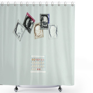 Personality  Top View Of Arranged Condoms And Contraceptive Pills Isolated On Grey Shower Curtains