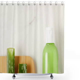 Personality  Elevated View Of Aloe Vera Leaves On Cutting Board And Organic Shower Gel In Bottle On Marble Table  Shower Curtains