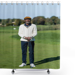 Personality  Middle Aged African American Man Standing With Golf Club On Green Field Shower Curtains