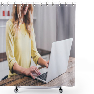 Personality  Cropped View Of Smiling Woman Typing On Laptop At Home Shower Curtains