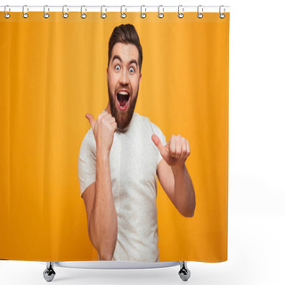 Personality  Portrait Of A Happy Bearded Man Pointing Shower Curtains
