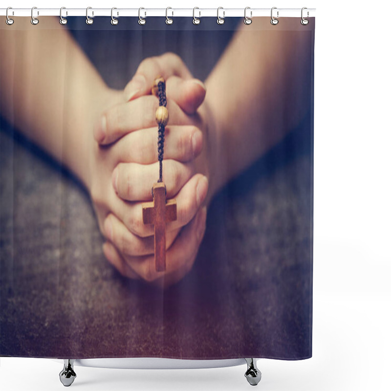 Personality  Woman Praying With A Rosary. Shower Curtains
