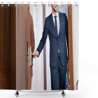 Personality  Cropped View Of Cheerful Man Touching Door Handle While Opening Door  Shower Curtains