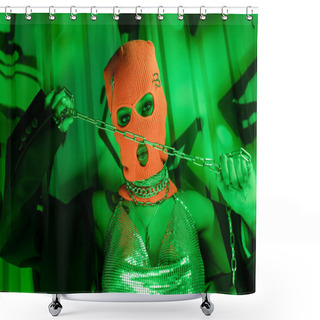Personality  Provocative Woman In Knitted Balaclava And Silver Top Holding Metallic Chain Near Wall With Graffiti In Green Lighting Shower Curtains