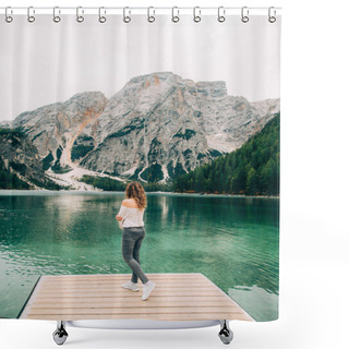 Personality  Redhaired Girl Long Hair Loose, Turned Away, Stands On Wooden Pier Lake Braies. Woman Clothes Bare Shoulder White Airy Sexy Blouse Blue Pants. Backdrop Amazing View Mountains Green Forest Clear Water Shower Curtains