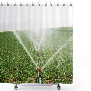 Personality  Irrigation Sprinklers Water A Farm Field Against Late Afternoon Shower Curtains