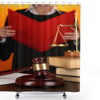 Personality  Judge Read Verdict On Orange Background Shower Curtains