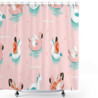 Personality  Hand Drawn Vector Stock Abstract Cute Summer Time Cartoon Illustrations Seamless Pattern With Unicornand Flamingo Rubbers Rings And Dolphins Isolated On Pink Background Shower Curtains