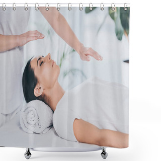 Personality  Cropped Shot Of Young Woman With Closed Eyes Receiving Reiki Treatment On Head And Chest Shower Curtains