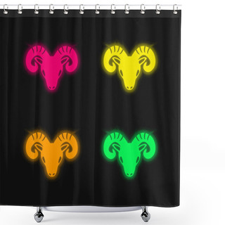 Personality  Aries Zodiac Symbol Of Frontal Goat Head Four Color Glowing Neon Vector Icon Shower Curtains