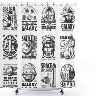 Personality  Galaxy Exploration And Outer Space Adventure Vector Icons. Astronaut Academy And Satellite Space Camp Sign, Moon And Saturn Planets, Spaceship And Space Shuttle Explorer, Orbital Station Shower Curtains