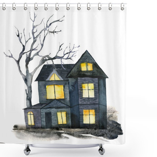 Personality  Watercolor Halloween Card With Black House And Tree. Hand Painted Holiday Template With House And Wood Isolated On White Background. Illustration For Design, Print Or Background. Shower Curtains