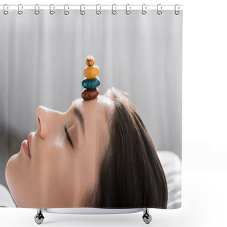 Personality  Woman Lying With Closed Eyes With Colorful Stones On Forehead Shower Curtains