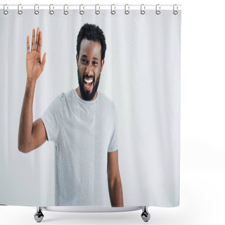 Personality  Cheerful African American Man In Grey T-shirt Waving Isolated On Grey Shower Curtains
