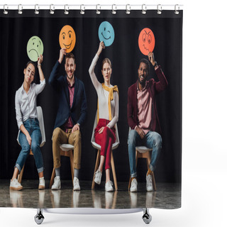 Personality  Multiethnic People Sitting On Chairs And Holding Face Cards With Various Emotions Isolated On Black Shower Curtains