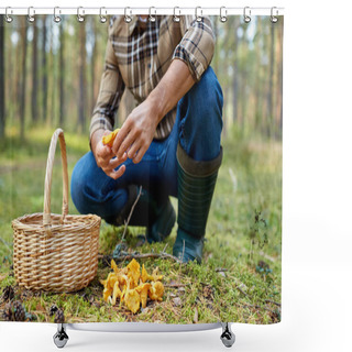 Personality  Man With Basket Picking Mushrooms In Forest Shower Curtains