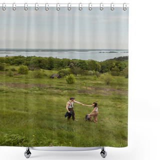 Personality  Side View Of Positive And Stylish Couple In Vintage Outfits Holding Hands And Standing On Grassy Hill With Rural Landscape At Background, Stylish Couple Enjoying Country Life Shower Curtains