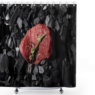 Personality  Top View Of Raw Beef Steak With Rosemary, Salt And Pepper On Charcoals Shower Curtains