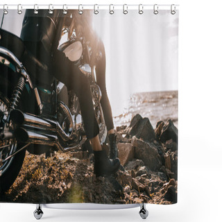Personality  Cropped View Of Couple On Chopper Motorbike Near Sea With Sunlight Shower Curtains