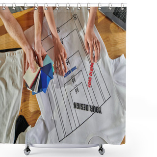 Personality  Top View Of Young Multiethnic Craftspeople Holding Color Swatches And Printing Layers Near Laptop And Clothes While Working Near Table In Print Studio, Thriving Small Enterprise Concept Shower Curtains