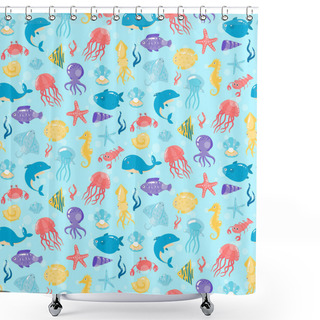Personality  Seamless Pattern With Different Sea Underwater Animals In Cute C Shower Curtains