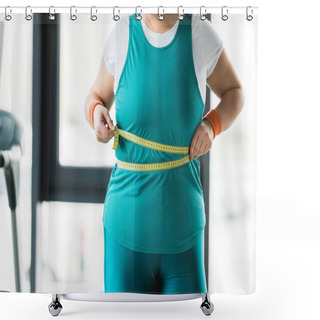 Personality  Cropped View Of Overweight Girl Measuring Waist In Gym Shower Curtains