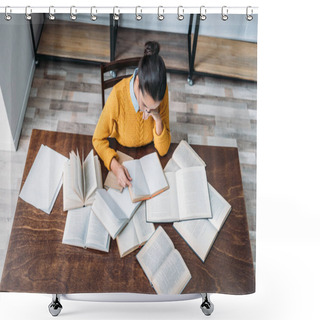 Personality  High Angle View Of Young Student Girl Preparing For Exam At Library Shower Curtains