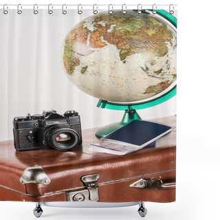 Personality  Retro Film Camera With Flight Tickets And Globe On Vintage Suitcase Isolated On White Shower Curtains