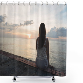 Personality  Silhouette Of Young Woman Sitting Alone On Back Side Outdoor At Tropical Island Beach Missing Boyfriend And Family In Summer Sunset. Sad And Lonely Concept In Dark And Vintage Tone. Shower Curtains