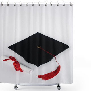 Personality  Black Graduation Cap With Red Tassel And Diploma On White Background Shower Curtains