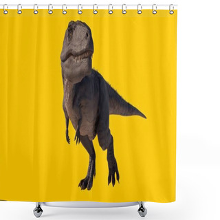 Personality  An Illustration Of A Giganotosaurus Dinosaur Walking With Its Big Teeth Showing On A Yellow Background Shower Curtains