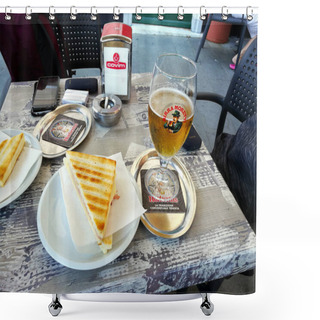 Personality  Santa Margherita,Italy 06.30.2019: Sandwich And Beer After A Long Sunny Day On The Italian Riviera Santa Margherita. It Materializes Like A Calm Impressionist Painting, It's A Picture-perfect Seaside Promenade Shower Curtains