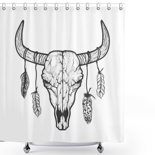 Personality  Bull Skull With Feathers Native Americans Tribal Style. Tattoo Blackwork. Vector Hand Drawn Illustration. Boho Design Shower Curtains