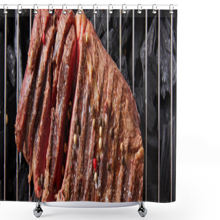 Personality  Top View Of Cut Fresh Grilled Tasty Steak With Rare Roasting And Condiments On Grate Above Black Coals, Panoramic Shot Shower Curtains