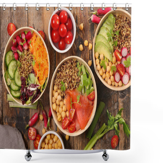 Personality  Bowls With Different Healthy Meals On Wwooden Table  Shower Curtains