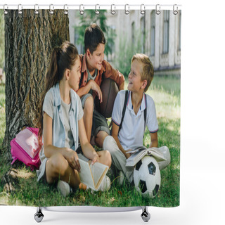 Personality  Three Cheerful Schoolkids Talking While Sitting On Lawn Under Tree  Shower Curtains